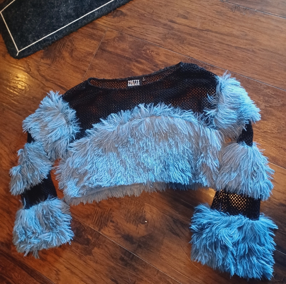 Pretty Damage Fuzzy Mesh Crop Sweater Top 1990s Y2K